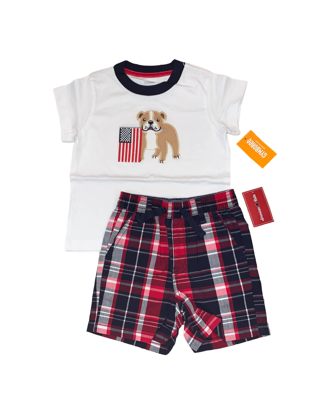 NWT Gymboree Boys Patriotic Bull Dog Applique Tee & Plaid Jogger Shorts -